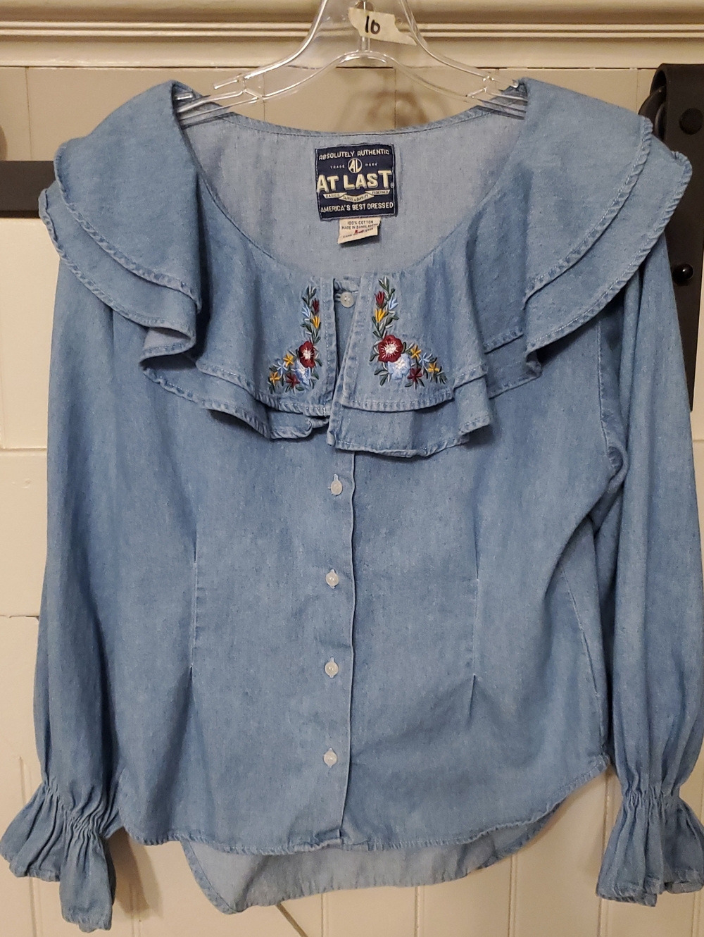 At Last Light Blue Denim Ruffle Collar Button-Front Top with Floral Embroidery